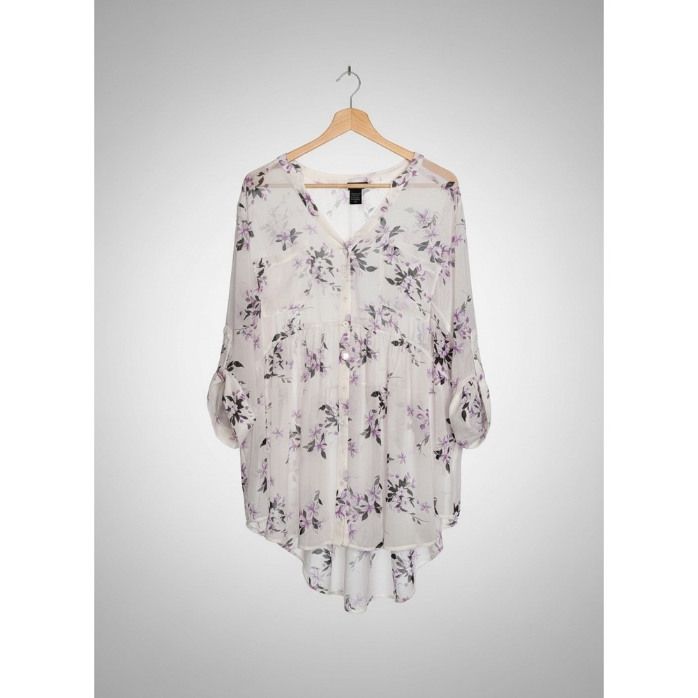 Torrid Emma Babydoll Blouse Womens 2 2X White Purple Floral Chiffon Tunic Top